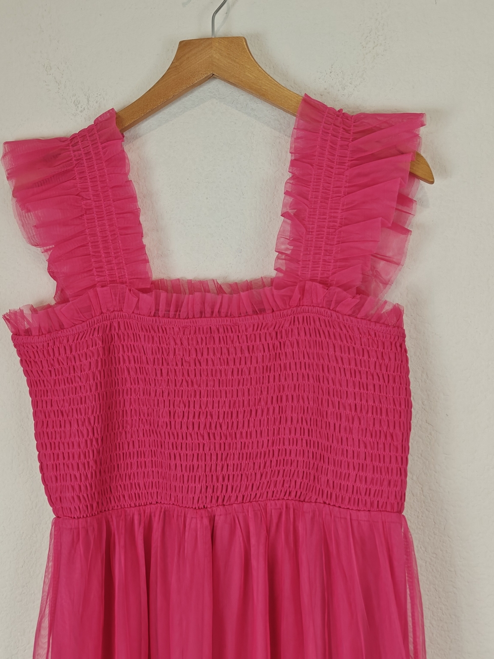 Baltic Born Hot Pink Smocked Tulle Midi Dress Romantic Formal Gown Sz LG - Picture 13 of 14